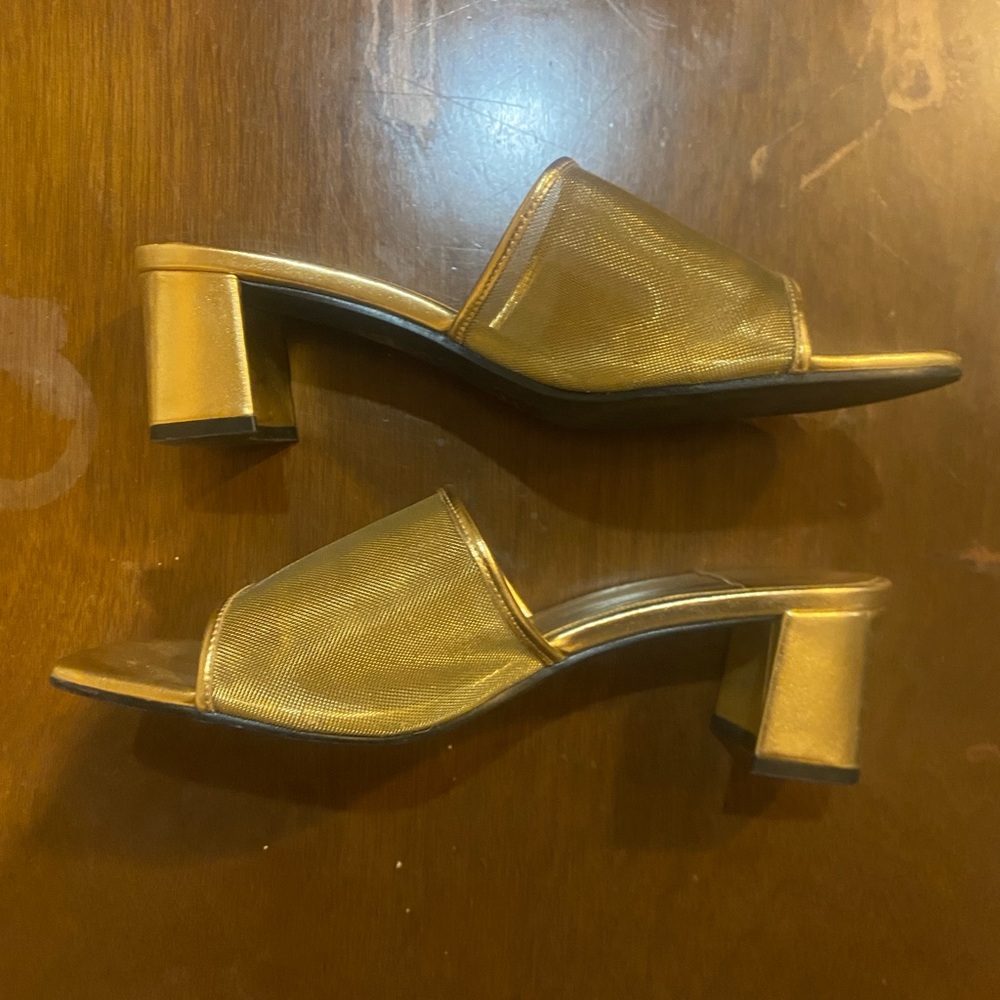 Jeffrey Campbell Metallic Gold Mid-Heel Slide Mules